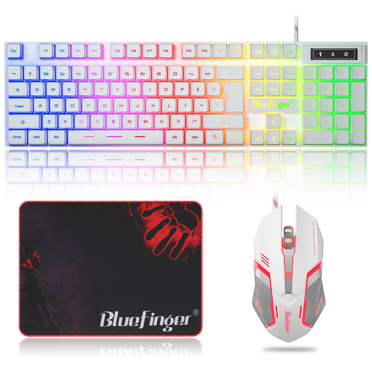 BlueFinger RGB Gaming Keyboard & Mouse Combo, USB Wired, LED Backlit, White