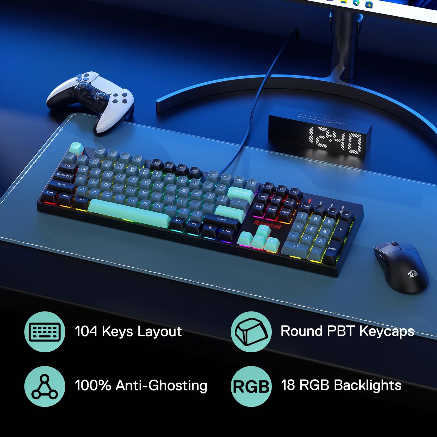 Redragon K582 SE Wired RGB Gaming Keyboard - 104 Keys, Mixed Color Round PBT Keycaps, Dynamic 16.8M RGB, Linear Red Switch, Dark Jade