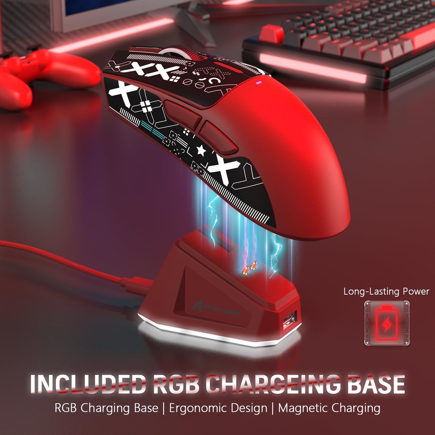 MAGIC-REFINER Attack Shark X11 Wireless Gaming Mouse, 22000 DPI, RGB Dock, Red & Griptape, 5 Programmable Buttons for PC/Mac