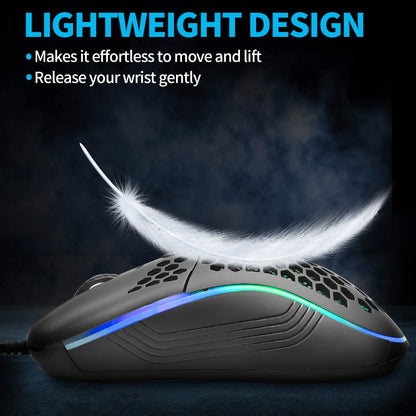 Techsea Honeycomb Wired Gaming Mouse - RGB Backlight, 7200 DPI, Ergonomic, Lightweight, USB, Black
