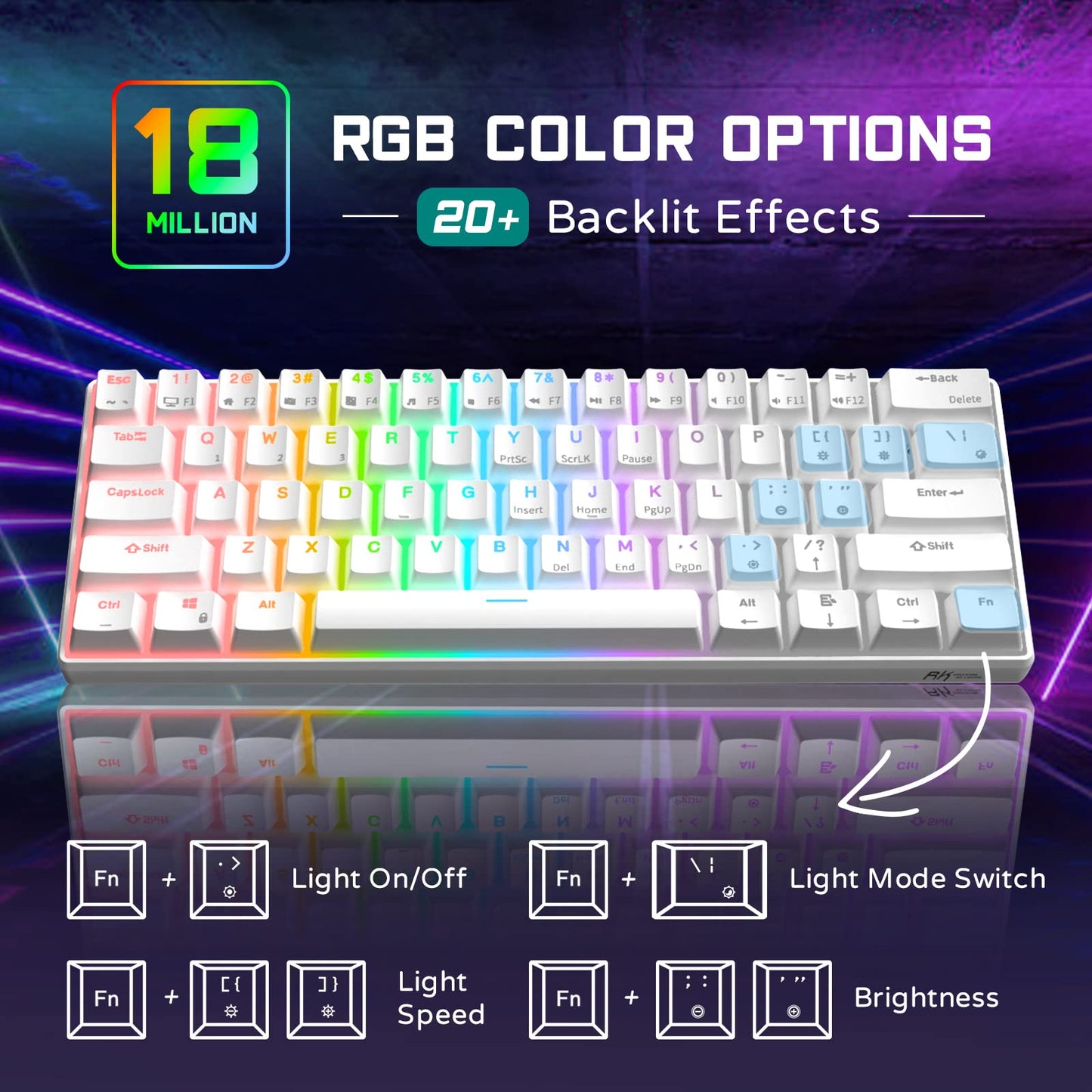 RK ROYAL KLUDGE RK61 Wired 60% Mechanical Gaming Keyboard, Hot-Swappable Red Switch, RGB Backlit, Ultra-Compact, White