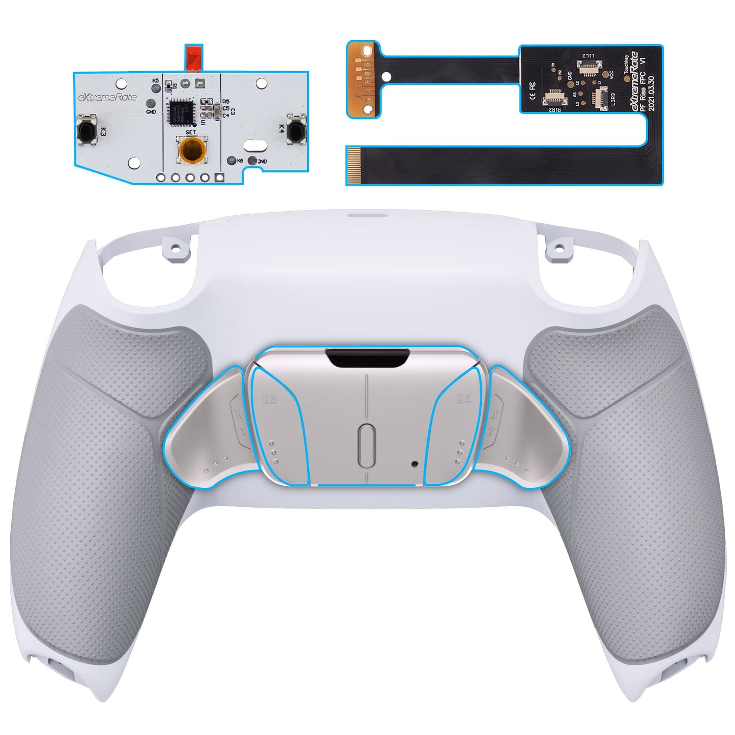 eXtremeRate Silver Real Metal Buttons (RMB) Version RISE4 Remap Kit for PS5 Controller BDM-010 020 w/Gray Rubberized Grip White Redesigned Back Shell  Upgrade Board  4 Back Buttons for PS5 Controller