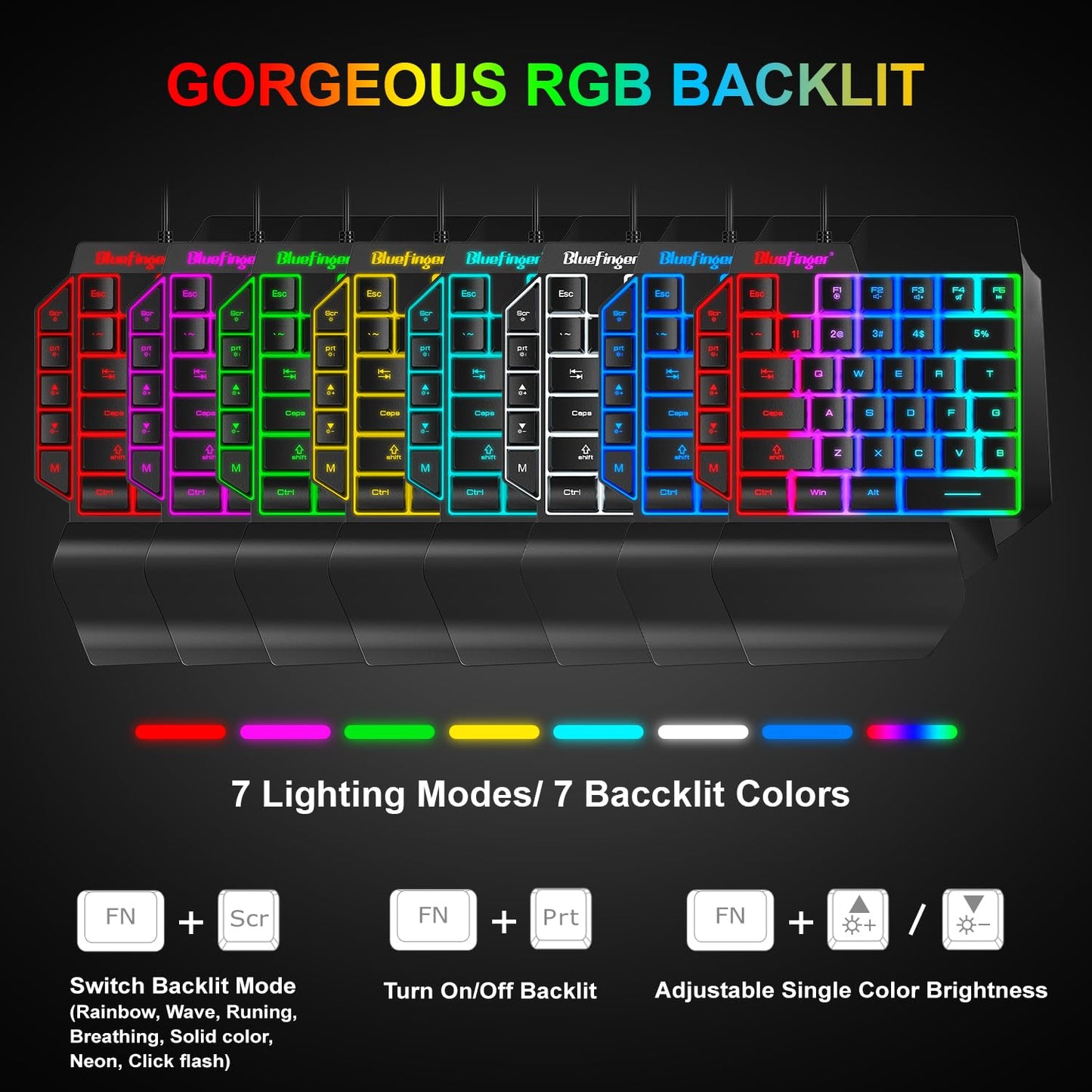 BlueFinger One Hand RGB Gaming Keyboard - USB Wired, Backlit, Ergonomic Design with Wrist Rest, Rainbow Letters Glow
