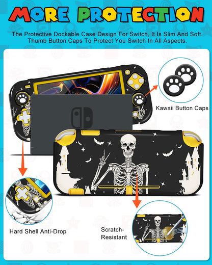 Gurgitat 7in1 Skull Switch Lite Case - Hard Protective Cover, Dockable, Includes Thumb Grips & Shoulder Strap, Black Skull Design