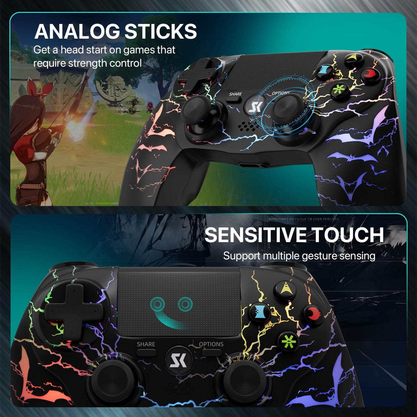 ISHAKO Wireless Controller for PS4/PC - RGB Light, 1000mAh Battery, 3.5mm Audio Jack, Black