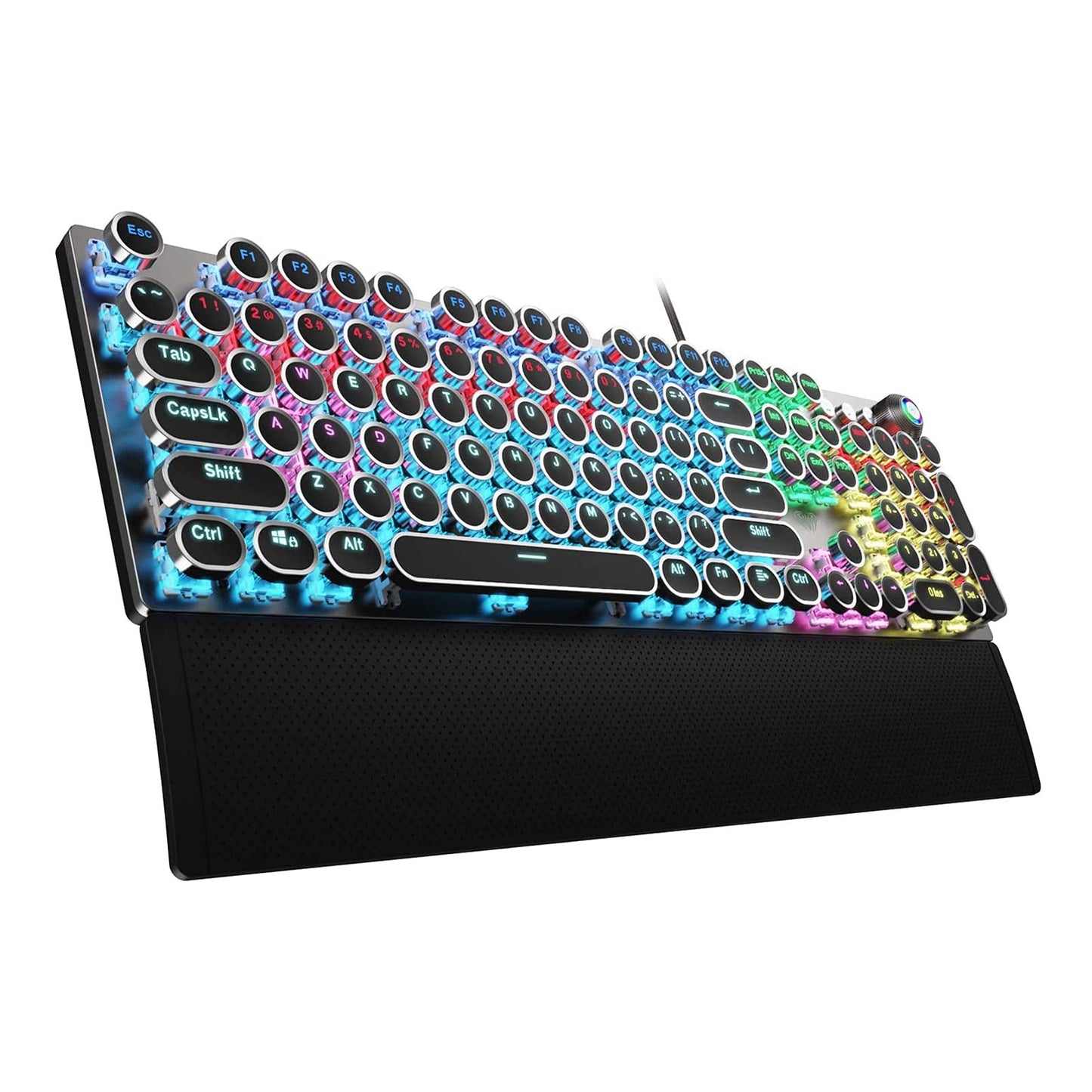 AULA F2088 Typewriter Style Mechanical Gaming Keyboard Wired Blue Switches Rainbow LED Backlit Removable Wrist Rest Media Control Knob Retro Punk Round Keycaps USB Wired Computer Keyboard