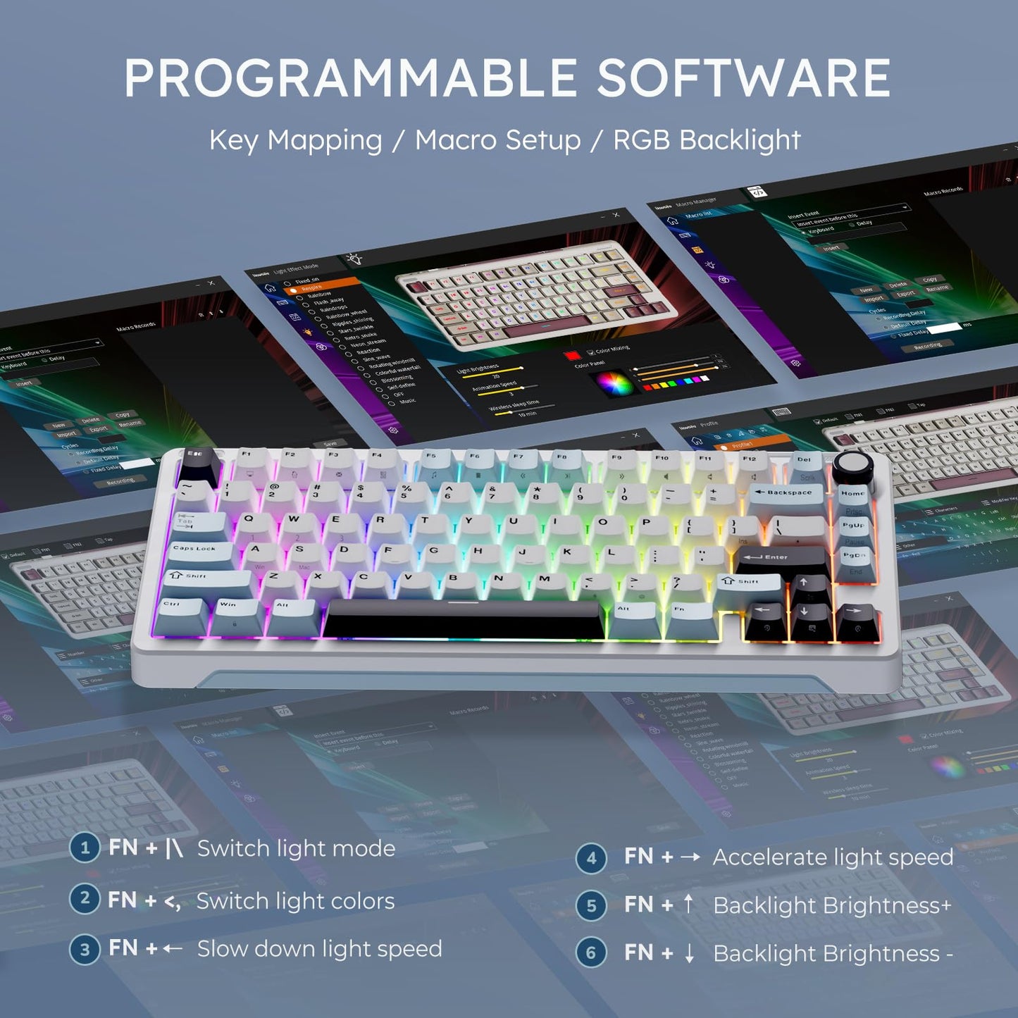 iLovBee B75 Wireless Mechanical Keyboard - Creamy 75% RGB, Bluetooth/2.4GHz/USB, Hot Swappable, Gasket Mounted, Pre-Lubed, White & Blue