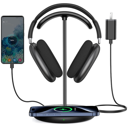 Miroddi Headphone Stand with Wireless Charger  Independent USB Charging Port  5 in 1 Charging Station Headset Holder Rack for AirPods Max/Pro/4/3/2  iWatch  iPhone  Samsung and Desk Headphones  Black
