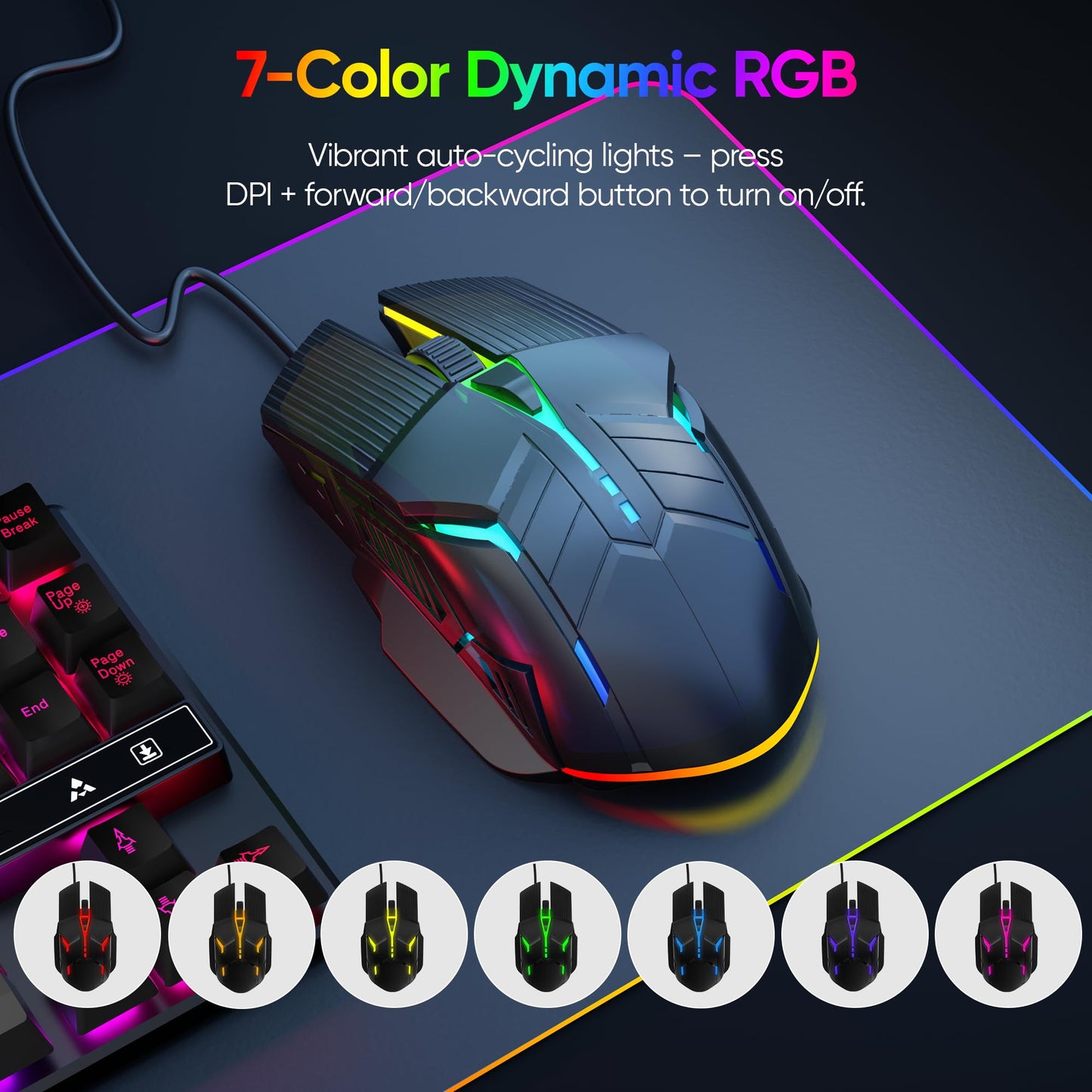 MELOGAGA Wired Gaming Mouse - Lightweight USB Optical, 7-Color RGB, 4 DPI Levels, Ergonomic Design, Model S800-Black