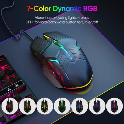 MELOGAGA Wired Gaming Mouse - Lightweight USB Optical, 7-Color RGB, 4 DPI Levels, Ergonomic Design, Model S800-Black