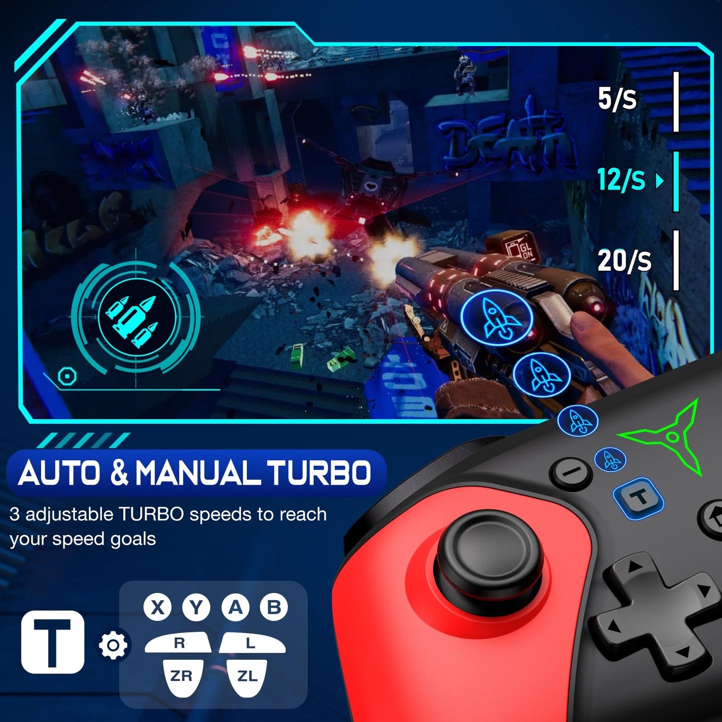 ELISWEEN Wireless Switch Controller for Switch/Lite/OLED - Red+Blue, Pro TURBO with Wake-up Programmable, Compatible with iOS/Android/PC
