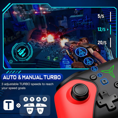 ELISWEEN Wireless Switch Controller for Switch/Lite/OLED - Red+Blue, Pro TURBO with Wake-up Programmable, Compatible with iOS/Android/PC