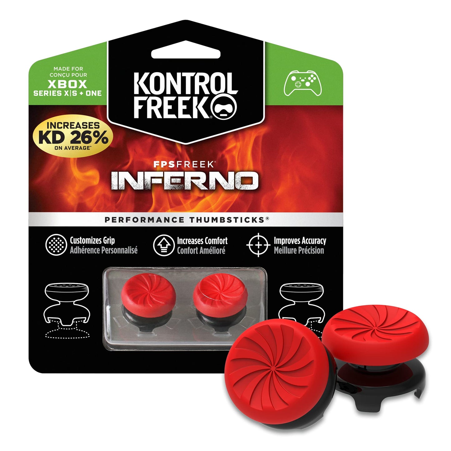 KontrolFreek FPS Freek Inferno Performance Thumbsticks for Xbox One/Xbox Series X - 2 High-Rise Concave - Red - Model 399402