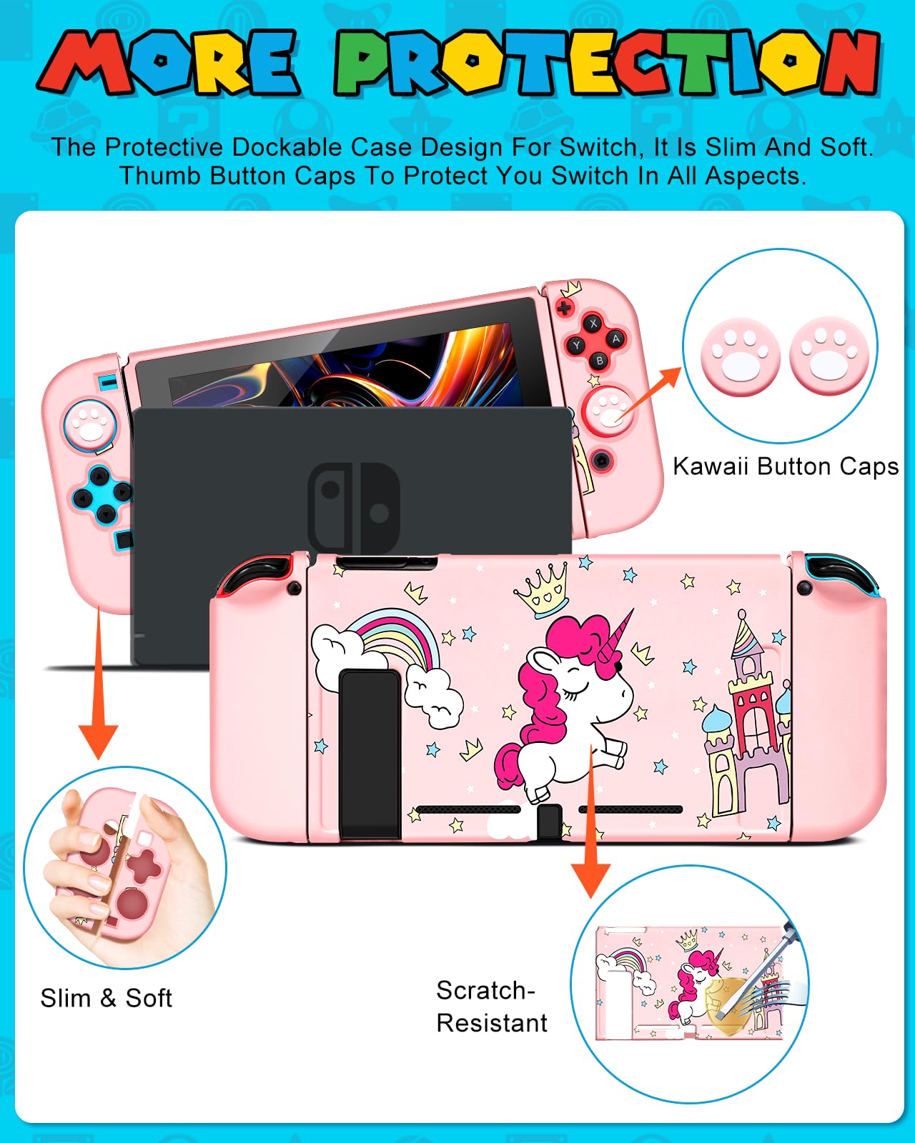 Gurgitat 9-in-1 Unicorn Switch Case Bundle for Nintendo Switch - Pink, Includes Game Holder, Grip, Skin, Strap & Sticker