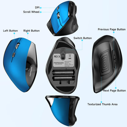 memzuoix Ergonomic Vertical Wireless Mouse - 2.4G Optical, 3 DPI Levels, Large Size, Steel Blue, Model WM-791