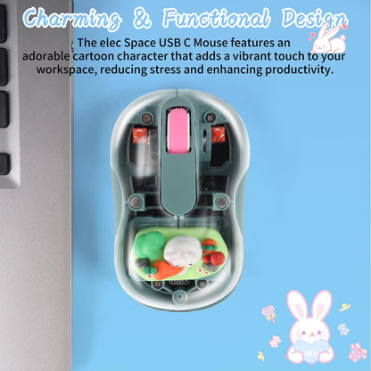 elec Space Wireless USB C Mouse - Bluetooth, Rechargeable, Silent - Green Cartoon Design for Laptops, iPads & MacBook Air/Pro