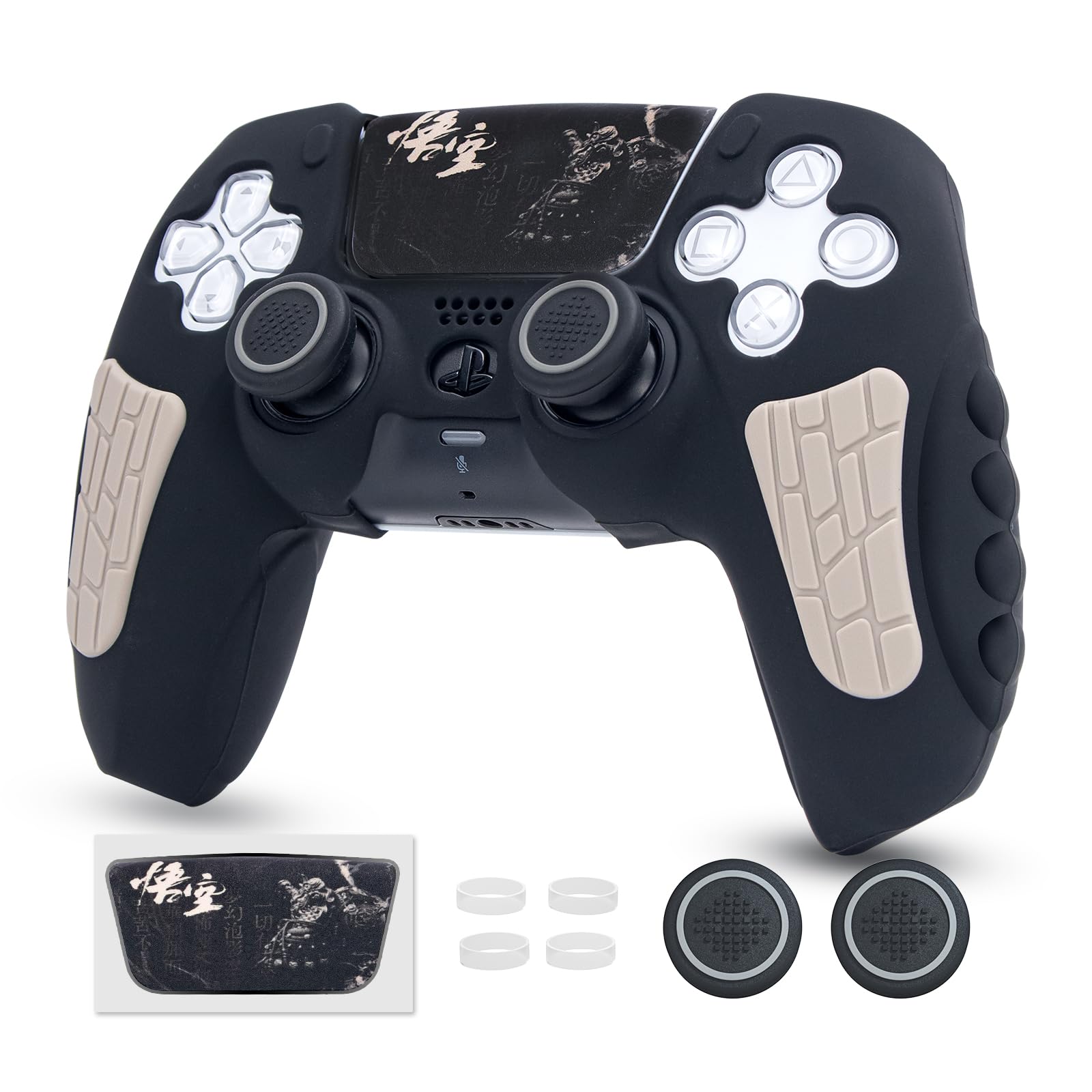ECHZOVE PS5 Controller Cover Case  Anti-Slip Silicone Skin Compatible with PS5 Controller with Thumb Grip Caps  Joystick Protectors and Cover Wrap Sticker - Black Myth Wukong