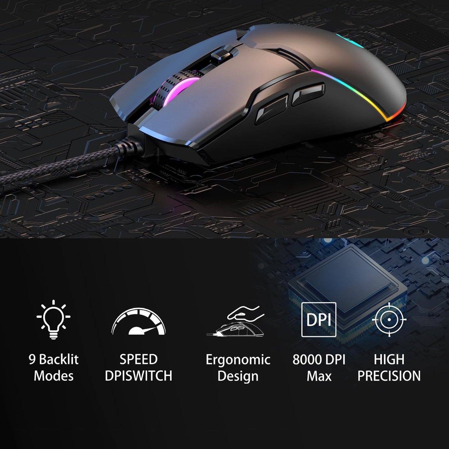 SPEEDORA Wired Ergonomic Mouse, 8000 DPI, 12 Backlit Modes, Customizable Keys, Model AH-CMD6-34N7, Black