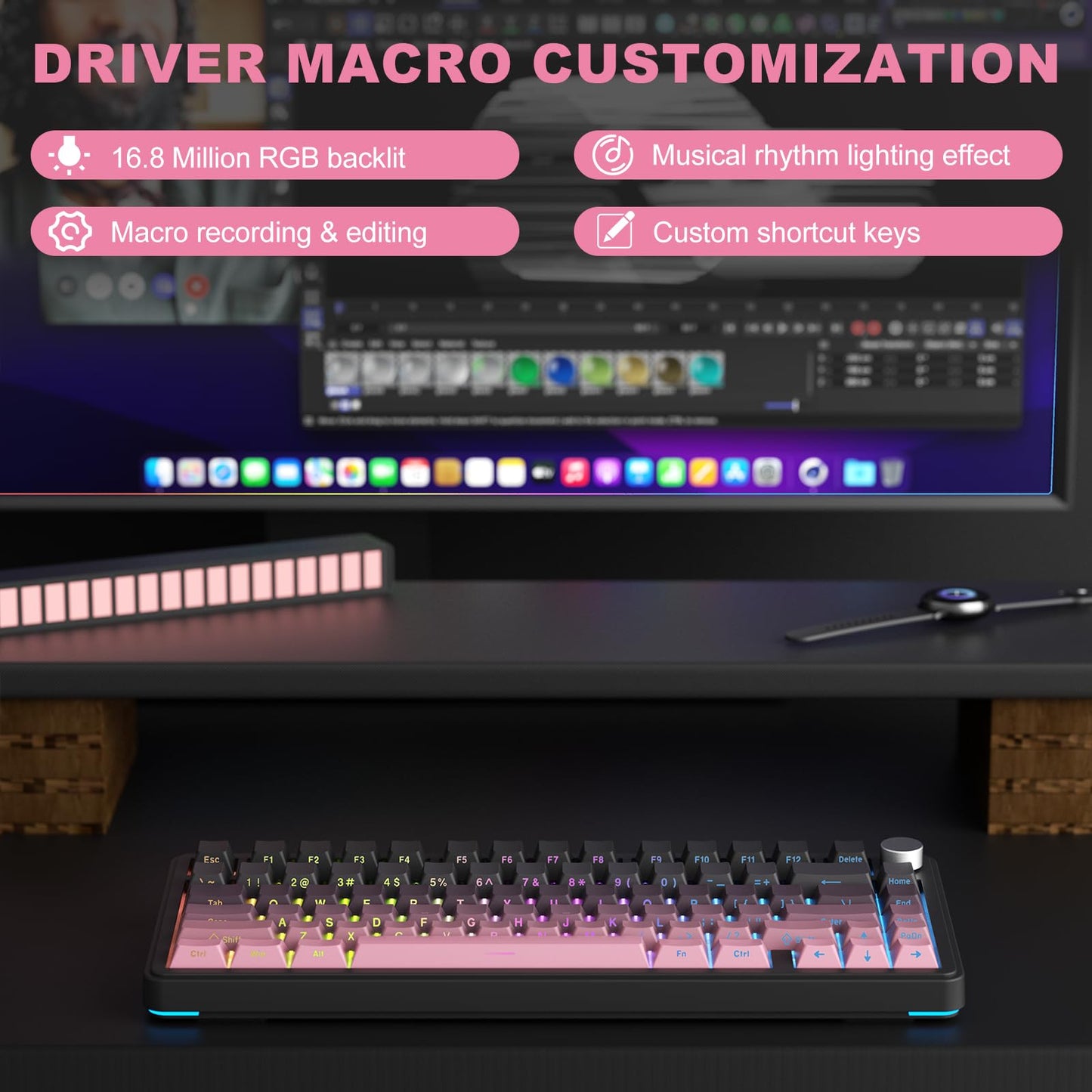 CC MALL M75 Mechanical Keyboard - 75% Gasket, Hot Swappable, RGB, PBT Keycaps, Black and Pink