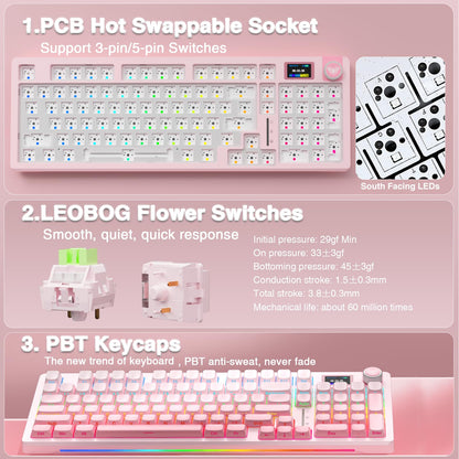 AULA S98 Pro Wireless Mechanical Keyboard - Hot Swappable, RGB Backlit, Side Printed Pink, 2.4GHz/USB-C/BT5.0, Pre-lubed Linear Switch