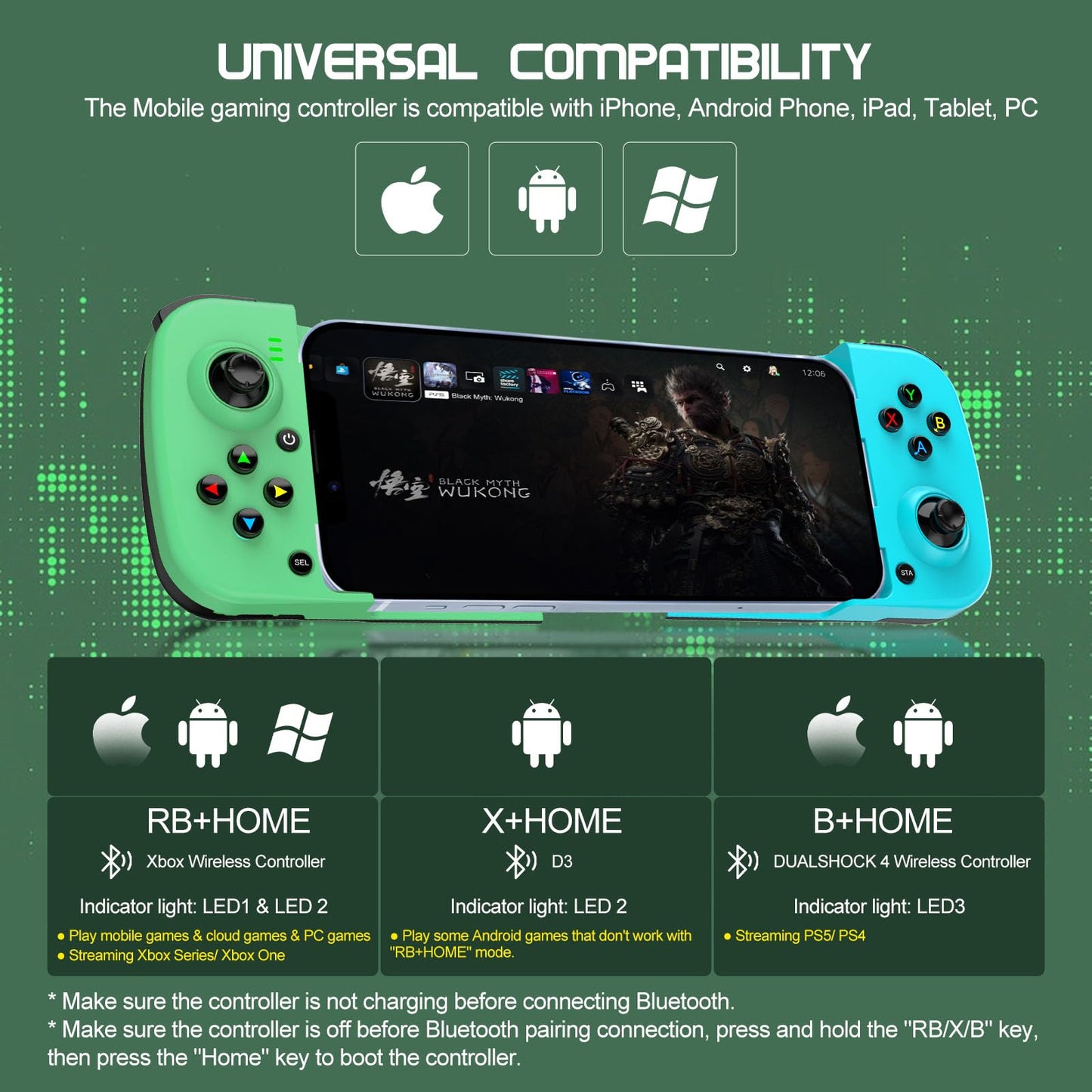 Joso Mobile Gaming Controller for iPhone/Android - Wireless Gamepad, Ergonomic Design, Green+Blue, Model BSP-D3