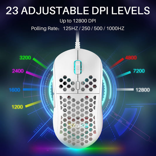 DIERYA M1SE Wired Gaming Mouse - 12800DPI Optical Sensor, 6 Programmable Macros, RGB, White