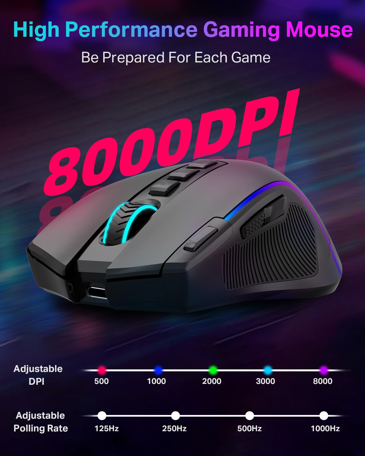 E-YOOSO x-11 PRO Gaming Mouse - Tri-Modes Wireless/Bluetooth/Wired, 8000 DPI, RGB Backlit, 9 Programmable Buttons, Black