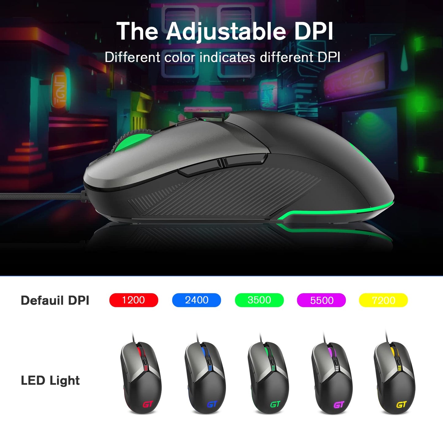 RaceGT Wired Gaming Mouse - USB Optical, 8000 DPI, Ergonomic Design, RGB Backlit, Black