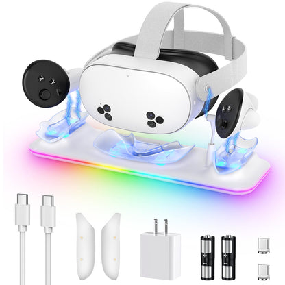 Kinwin Charging Dock for Meta Quest 3/3S - PD 18W Fast Charge Station, RGB Light, Magnetic Stand, Includes 2 Rechargeable Batteries, White