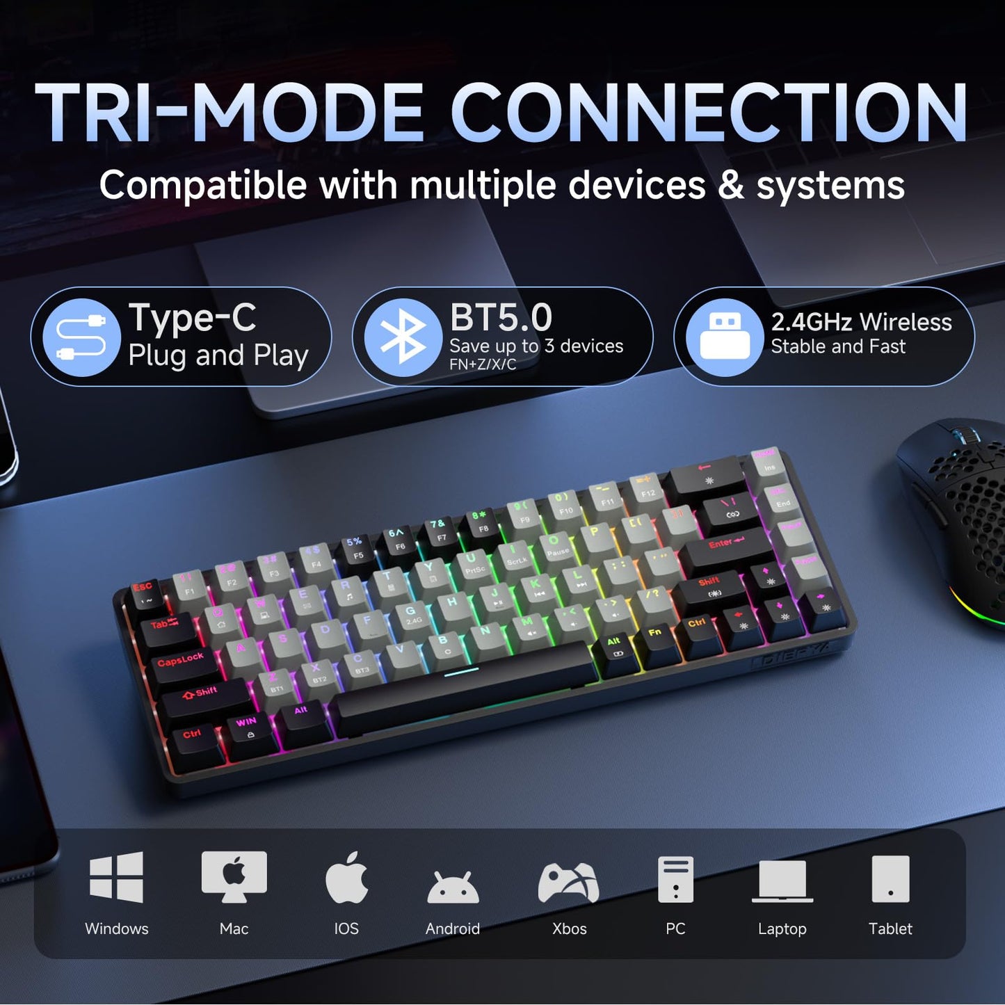 DIERYA DK68 60% Wireless Mechanical Gaming Keyboard, RGB Backlit, Quiet Red Switch, Black/Grey
