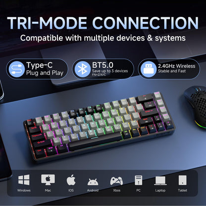 DIERYA DK68 60% Wireless Mechanical Gaming Keyboard, RGB Backlit, Quiet Red Switch, Black/Grey