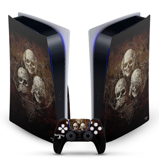 Head Case Designs Officially Licensed Alchemy Gothic No Evil Three Skull Gothic Vinyl Faceplate Gaming Skin Decal Compatible With Sony PlayStation 5 PS5 Disc Edition Console & DualSense Controller