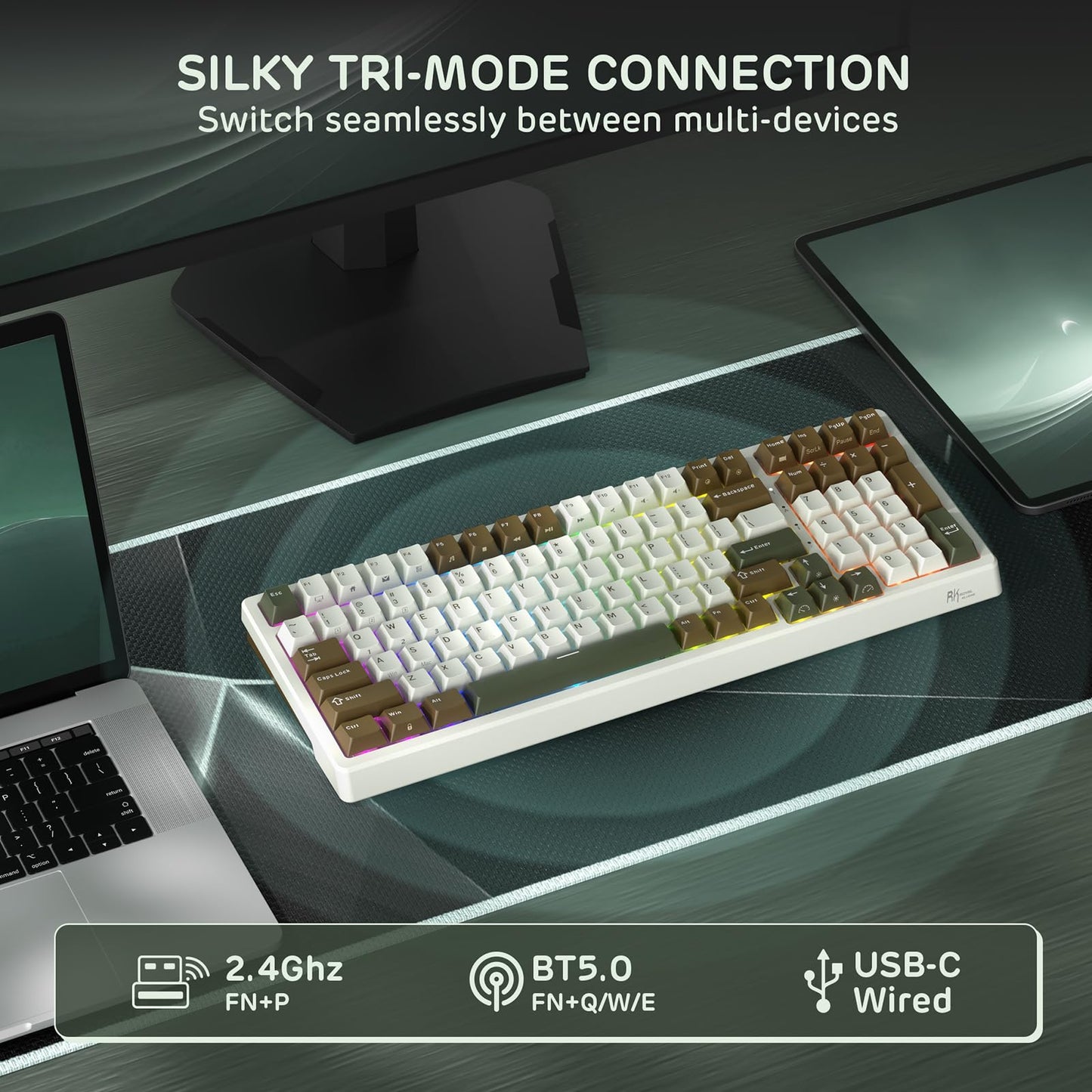 RK ROYAL KLUDGE F99 Wireless Mechanical Keyboard, Tri-Mode, RGB Backlit, Linear Creamy Switch, Palm Green, 95% Layout