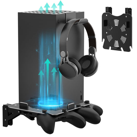 ZHGM Folding Wall Mount for Xbox Series X  Aluminum Alloy Wall Mount Kit for Xbox X with 2 Controller Holders & 1 Headphone Hook  Console Facing Forward Heavy Duty Shelf Wall Mount Bracket (Black)