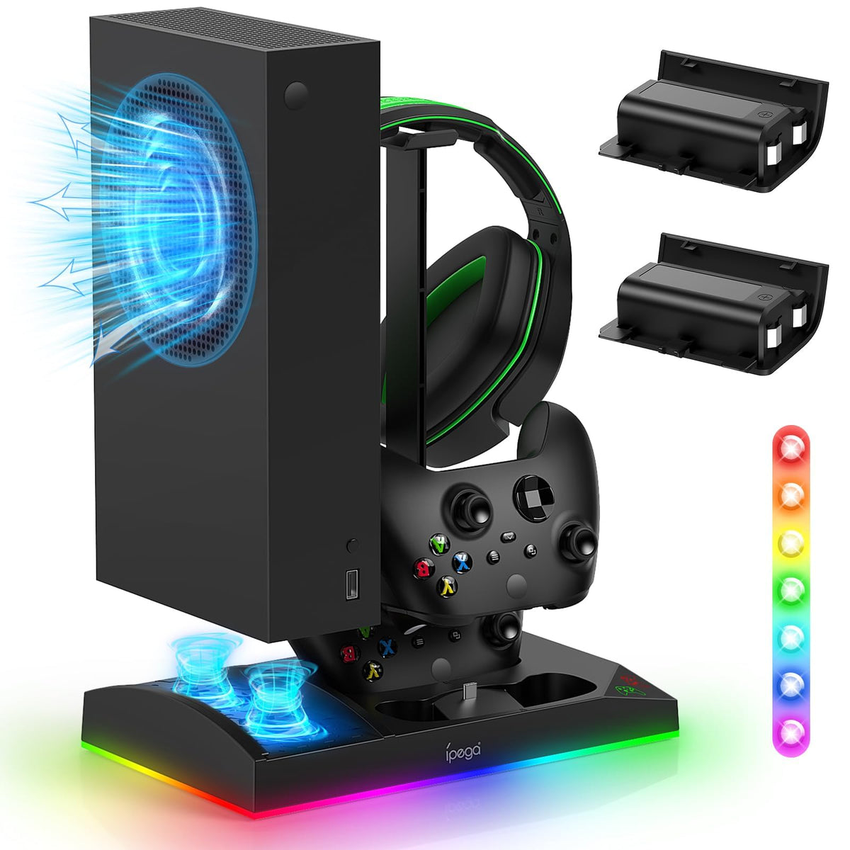 Upgraded RGB Cooling Fan Charging Station for Xbox Series S Console& Controller Dual Charger Dock Cooler System Stand with 15 Colorful Light Modes Accessories with 2*1400mAH Rechargeable Battery Black