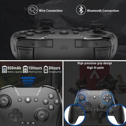 UNIHOW Bluetooth Wireless Game Controller for Switch/PC/Phone - Black with Clip, Custom Buttons, Turbo, 15H Playtime