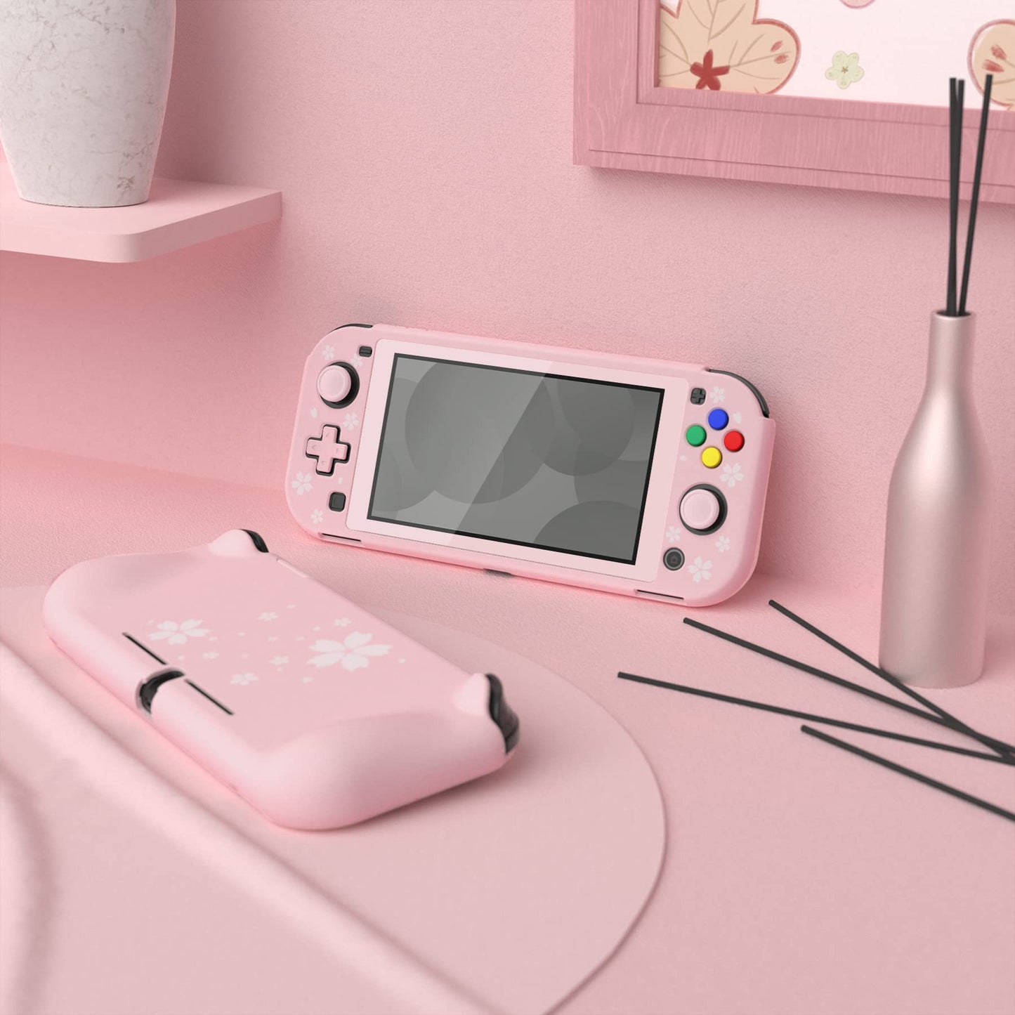PlayVital ZealProtect Case for Nintendo Switch Lite, Hard Shell Ergonomic Grip, Screen Protector & Caps, Cherry Blossoms Petals