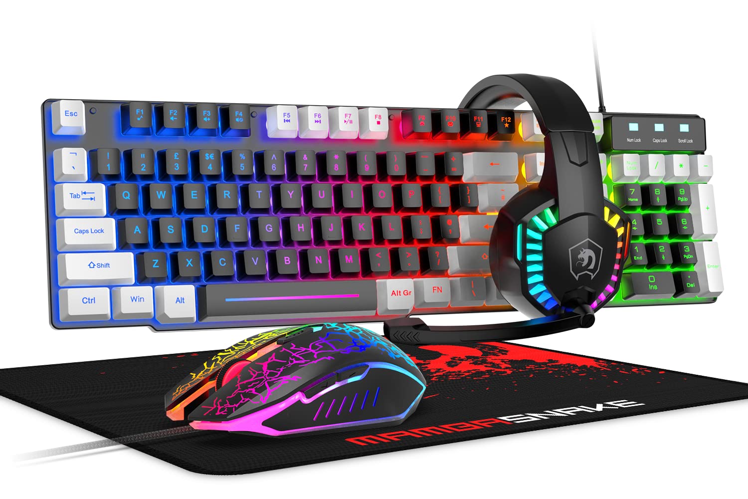 Wired Rainbow LED Backlit Keyboard and Mouse  Over Ear Headphone with Mic  Gaming Mice and Pad  for PC  Xbox and PS4 (Black/White)