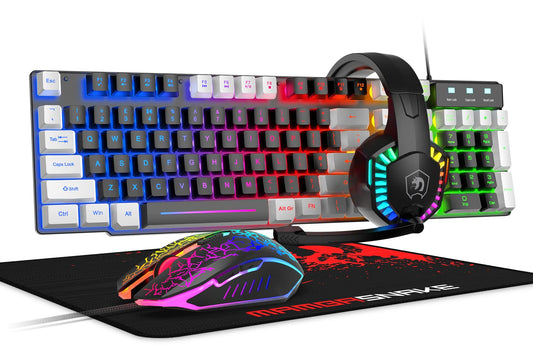 Wired Rainbow LED Backlit Keyboard and Mouse  Over Ear Headphone with Mic  Gaming Mice and Pad  for PC  Xbox and PS4 (Black/White)