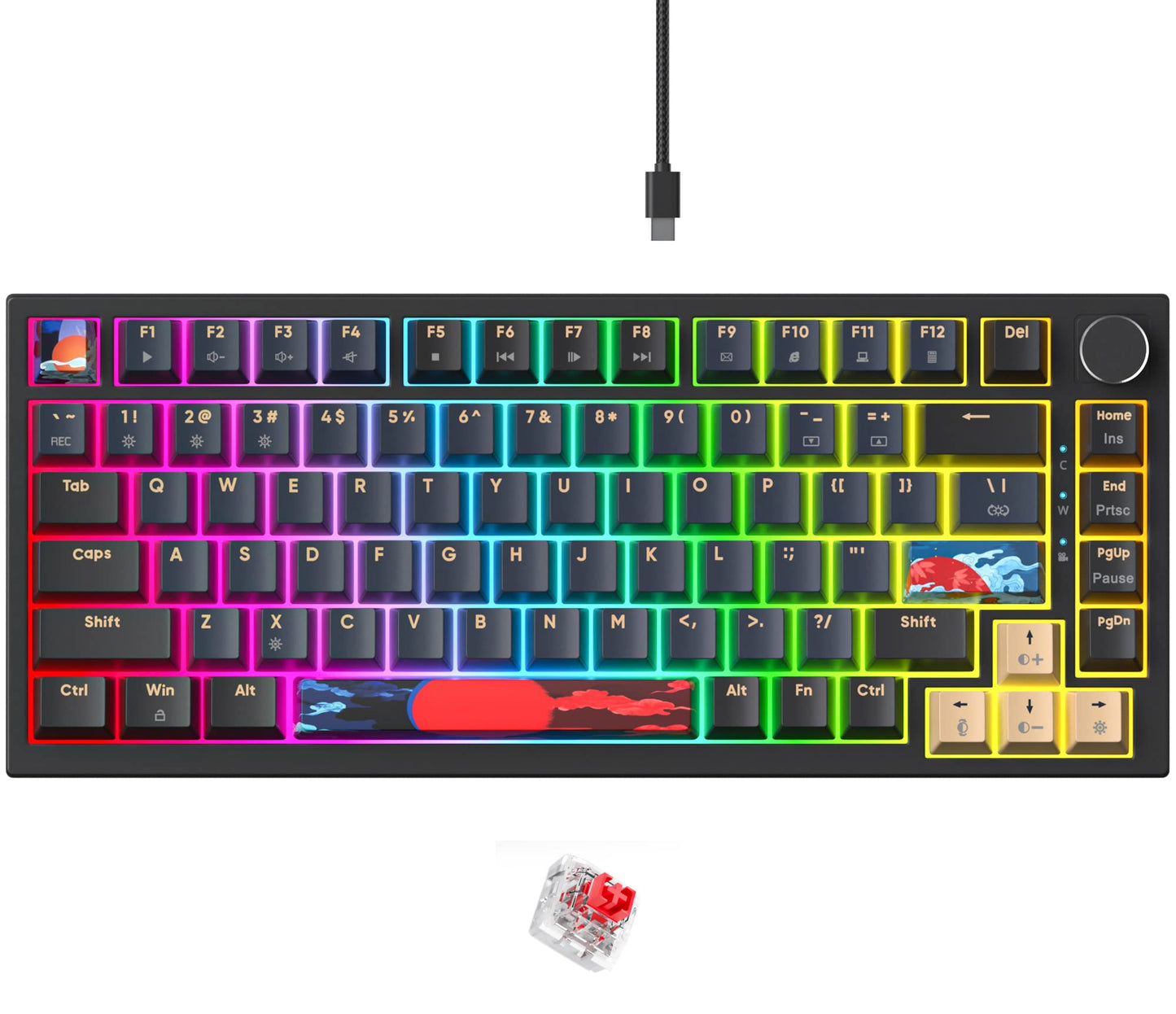 Fogruaden 75% Wired Mechanical Gaming Keyboard 75 Percent Keyboard Hot Swappable  Red Switch  RGB Backlit 82 Keys TKL Mechanical Keyboard  NKRO Compact Keyboard with Volume Control Knob (BlueSamurai)