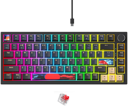 Fogruaden 75% Wired Mechanical Gaming Keyboard 75 Percent Keyboard Hot Swappable  Red Switch  RGB Backlit 82 Keys TKL Mechanical Keyboard  NKRO Compact Keyboard with Volume Control Knob (BlueSamurai)