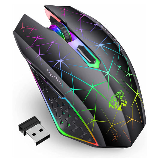 TENMOS V7 Wireless Gaming Mouse  Rechargeable LED Wireless Mouse Silent Optical Rainbow USB Computer Mice for Laptop PC (Black)