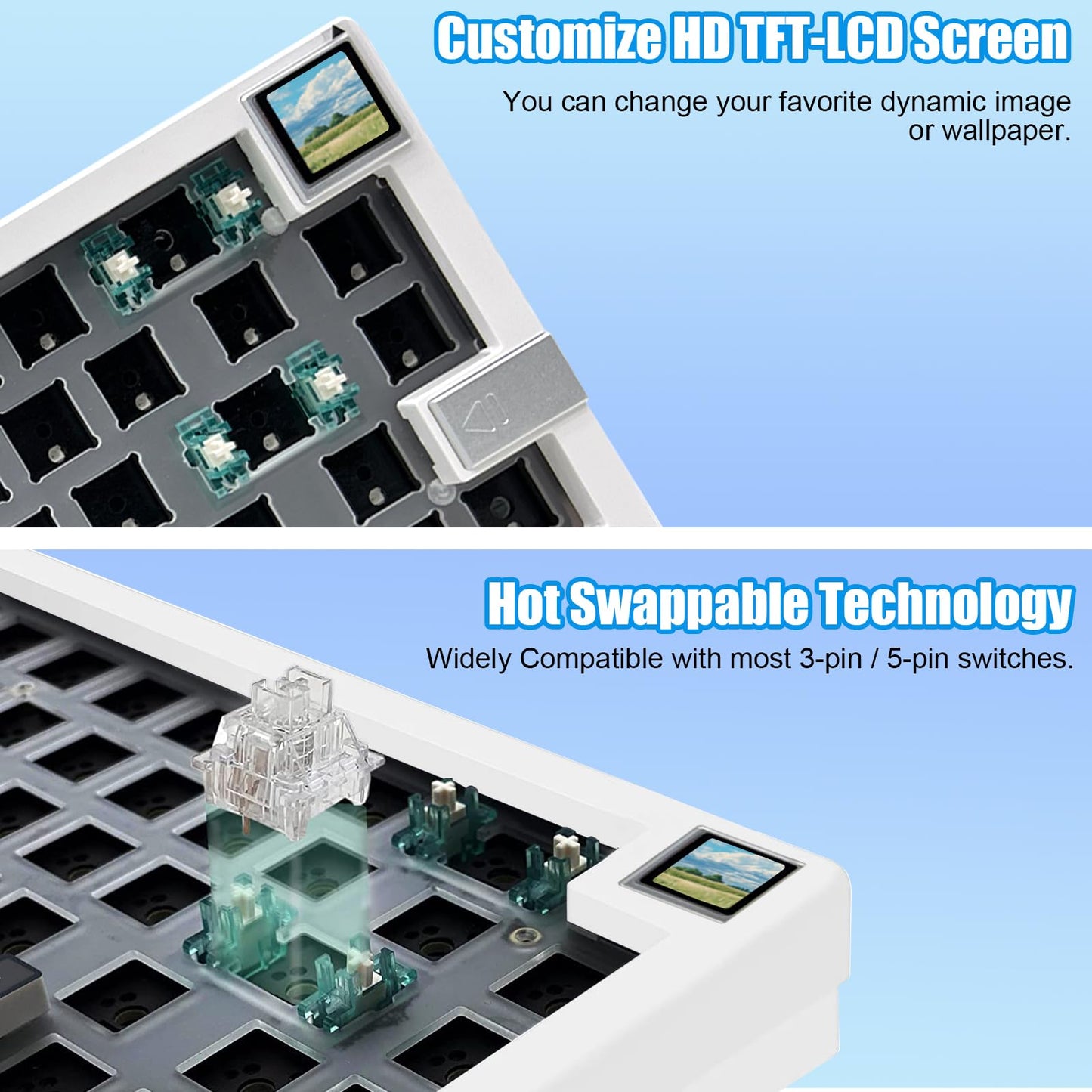 ZMX GMK67S 65% Gasket Mount Hot Swap Mechanical Keyboard - Tri-Mode BT5.0/2.4G/Type-C, White with TFT-LCD Screen
