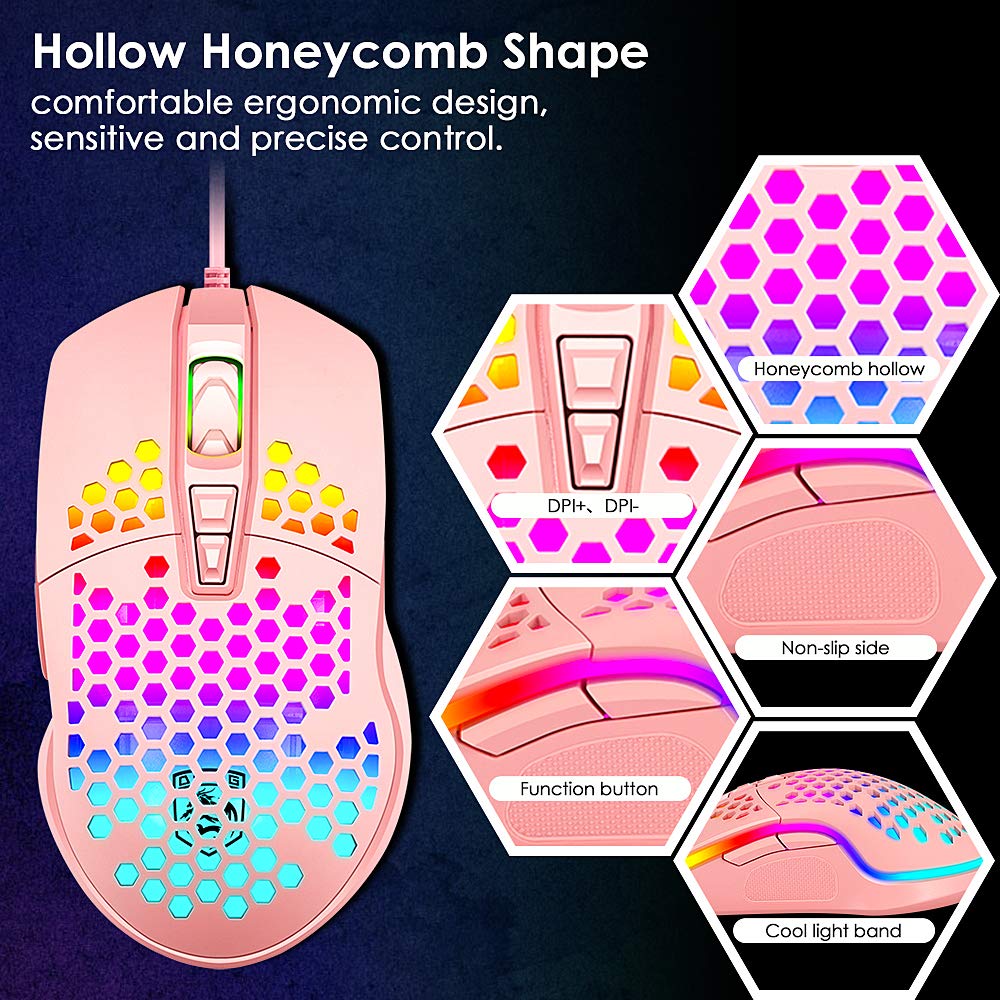 LexonElec Ultralight RGB Gaming Mouse, 6400DPI, 7 Programmable Buttons, Honeycomb Shell, Pink