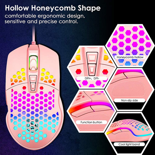 LexonElec Ultralight RGB Gaming Mouse, 6400DPI, 7 Programmable Buttons, Honeycomb Shell, Pink