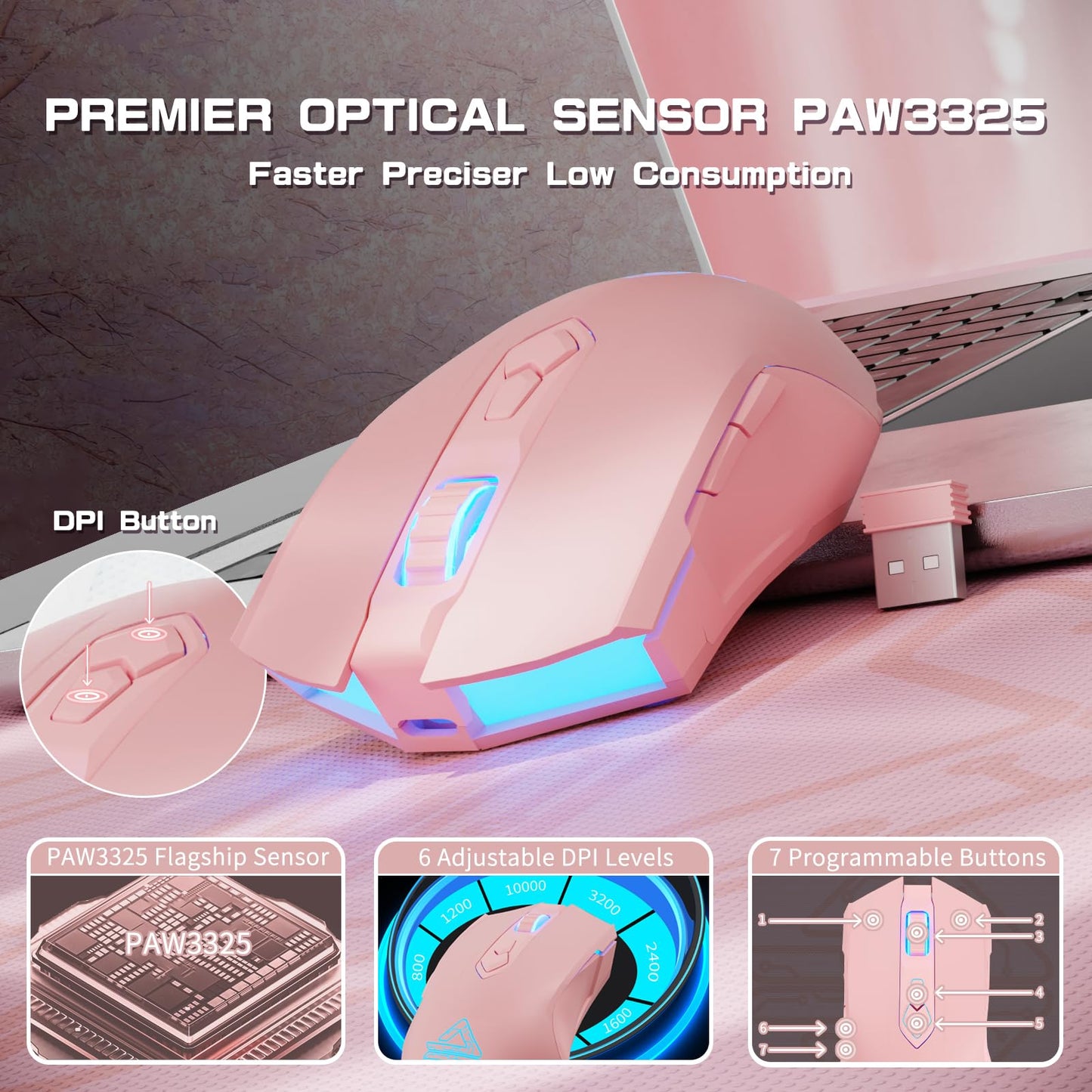 FELICON AJ52PRO Wired Wireless Bluetooth Gaming Mouse - 10000DPI, RGB LED, Ergonomic, 7 Buttons, Rechargeable, Pink
