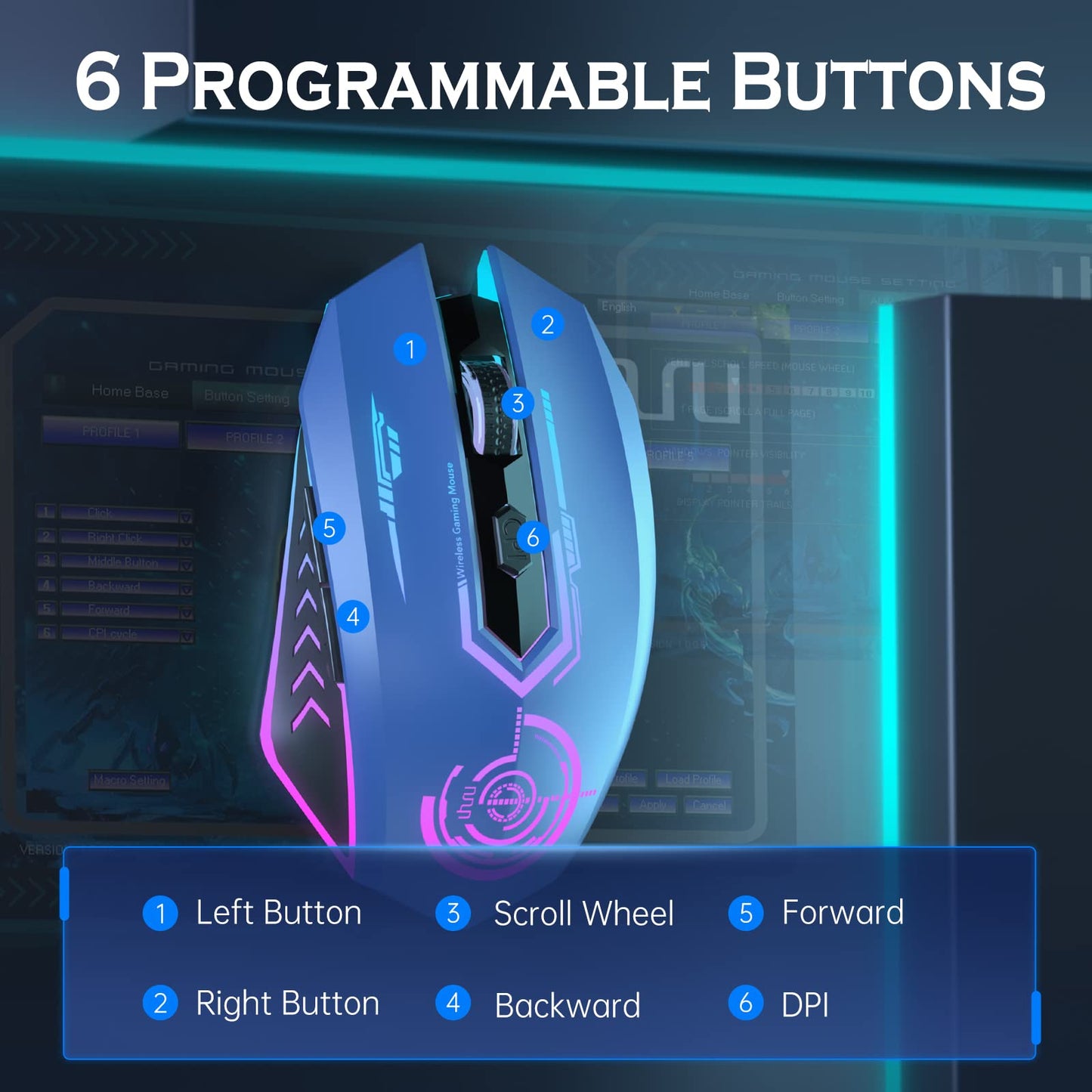 UHURU Wireless Gaming Mouse - 7 Buttons, 7 LED Colors, 12000 DPI, Rechargeable, Blue