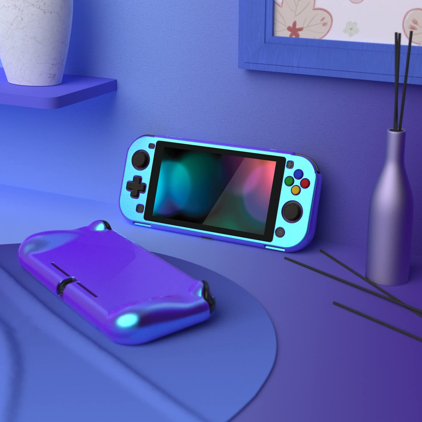 PlayVital ZealProtect Case for Nintendo Switch Lite - Hard Shell, Ergonomic Grip, Screen Protector & Thumb Caps, Chameleon Purple Blue