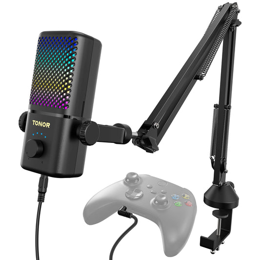 TONOR Gaming Mic TCX3+ - RGB Streaming Boom Mic, 30H Battery, Low Noise, One Tap Mute, Black, 16.14x5.67x5.04