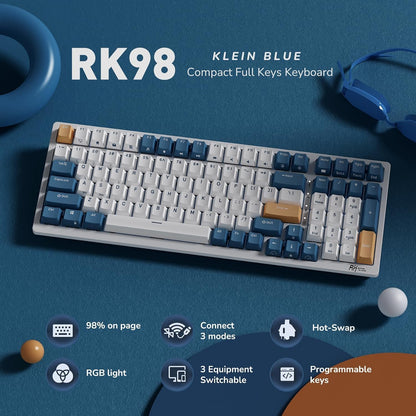 RK ROYAL KLUDGE RK98 Wireless Mechanical Keyboard - Hot Swappable, RGB Backlit, 2.4G/BT5.1/USB-C, White, Pre-lubed Linear